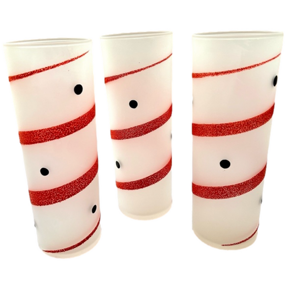 3 Vintage Frosted Highball Tumbler Glasses MCM Red Stripe Black Polka Dots - Picture 2 of 6